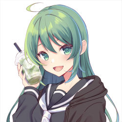 1girl ahoge bad_id bad_pixiv_id blush breasts cup drink drinking_glass food fruit green_eyes green_hair grey_background grey_shirt hair_between_eyes hand_up kochiya_sanae leaf lemon lemon_slice long_hair long_sleeves looking_to_the_side medium_breasts necktie no_headwear open_mouth picrew puffy_long_sleeves puffy_sleeves sailor_collar school_uniform serafuku shirt simple_background smile solo touhou upper_body white_necktie
