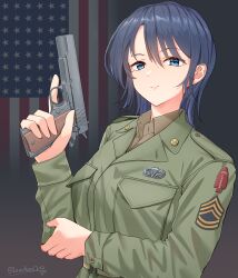 Rule 34 | 1girl, absurdres, american flag, american flag background, arm up, belt, blue eyes, blue hair, breast pocket, brown belt, brown shirt, closed mouth, commentary, flag background, green jacket, gun, hair between eyes, hand on own elbow, handgun, highres, holding, holding gun, holding weapon, jacket, leochan1202, looking at viewer, m1911, military, military rank insignia, military uniform, original, patch, pocket, shirt, short hair, shoulder patch, sidelocks, smile, solo, trigger discipline, upper body, weapon, world war ii