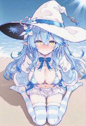 1girl ahoge beach bikini blue_bikini blue_hair blue_thighhighs blush breasts elf hat heart heart_ahoge kneeling large_breasts looking_at_viewer nekonui ocean pointy_ears sand shirt solo sun swimsuit thighhighs virtual_youtuber white_bikini white_hat white_shirt white_thighhighs witch_hat yellow_eyes yukihana_lamy