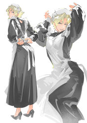 1boy adjusting_apron alternate_costume apron arms_up artist_name back_cutout blue_eyes char_aznable clothing_cutout collar commentary crossdressing english_commentary enmaided frills gundam gundam_gquuuuuux high_heels highres long_sleeves looking_back maid maid_apron maid_headdress male_focus mixed-language_commentary nomaumona seductive_smile simple_background smile solo twitter_username white_apron white_background