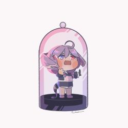 1girl ahoge black_shirt blue_eyes blush_stickers braid chibi full_body glass grey_pants head_wings heterochromia in_container in_jar jar long_hair mini_person minigirl nijisanji nijisanji_en open_mouth pants purple_hair red_eyes selen_tatsuki shirt simple_background solo standing tail tani_(titaniiyan) twin_braids virtual_youtuber white_background wings