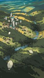 absurdres aircraft bridge building city day dirigible fantasy foliage forest franrekk grass highres landscape nature no_humans original outdoors pixel_art river road scenery tree very_wide_shot water