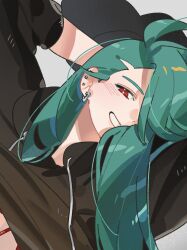 1girl alternate_costume aqua_hair arm_behind_head black_hoodie drawstring grin hair_down hair_over_one_eye highres hood hoodie long_hair looking_at_viewer nanaasuzy nintendo one_eye_covered pokemon pokemon_sv red_eyes rika_(pokemon) simple_background smile solo upper_body white_background
