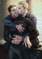 Rule 34 | 2boys, absurdres, albert wesker, artist name, bara, black hair, black pants, black shirt, blonde hair, blue eyes, blue shirt, chris redfield, collared shirt, couple, facial hair, highres, hug, hug from behind, large pectorals, looking at another, male focus, multiple boys, muscular, muscular male, pants, pectorals, resident evil, resident evil 5, robot sorcerer, shirt, short hair, sitting, twitter username, yaoi