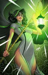 1girl black_cape black_hair black_hood breasts cape david_nakayama dc_comics dress glowing green_lantern highres holding holding_staff hood hooded_cape initial lantern long_dress long_hair medium_breasts side_slit solo staff tangent_green_lantern tight_clothes tight_dress white_dress