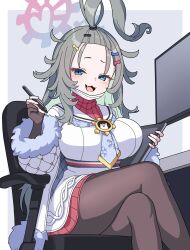 Rule 34 | 1girl, :3, :d, absurdres, ahoge, artist glove, bangs pinned back, blue archive, blue eyes, blush, border, breasts, brown pantyhose, coat, commentary request, crossed legs, drawing tablet, dress, fang, fur-trimmed coat, fur trim, green hair, hair ornament, hairclip, halo, highres, holding, holding stylus, holding tablet pc, huge ahoge, large breasts, long hair, long sleeves, looking at viewer, meru (blue archive), messy hair, monitor, neckerchief, open mouth, pantyhose, print neckerchief, sailor collar, sitting, smile, solo, stylus, tablet pc, vector (dmlddmld00), white border, white coat, white dress, white sailor collar