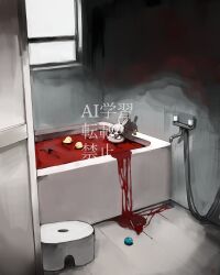 Rule 34 | 1girl, bath, bath of blood, bath stool, bathing, bathtub, blood, blood on ground, commentary request, highres, in bathtub, indoors, mini person, minigirl, original, partial commentary, rabbit girl, rubber duck, shirokujira, solo, stool, watermark, window