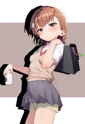 1girl absurdres asymmetrical_bangs bag bag_charm bottle breasts brown_eyes brown_hair brown_sweater_vest charm_(object) collared_shirt commentary_request gekota grey_skirt hair_ornament hairpin highres holding holding_bottle looking_at_viewer milk_bottle miniskirt misaka_mikoto mushi_(1756559585) pleated_skirt school_bag school_uniform shirt short_hair shorts shorts_under_skirt simple_background skirt small_breasts solo summer_uniform sweater_vest toaru_kagaku_no_railgun toaru_majutsu_no_index tokiwadai_school_uniform v-neck white_shirt