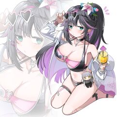 1girl abigail_(black_survival) absurdres bare_shoulders bikini black_bikini black_choker black_hair black_survival bracelet breasts choker cleavage closed_mouth colored_inner_hair earrings eternal_return:_black_survival expressionless eyewear_on_head flower flower_bracelet green_eyes hair_flower hair_ornament hairclip hand_up heart highres jacket jewelry large_breasts layered_bikini long_hair long_sleeves looking_at_viewer multicolored_hair navel off_shoulder official_alternate_costume open_clothes open_jacket pink_bikini ponytail purple_hair solo spam_(spamham4506) stomach streaked_hair string_bikini sunglasses swept_bangs swimsuit thigh_strap thighs two-tone_hair very_long_hair white_jacket
