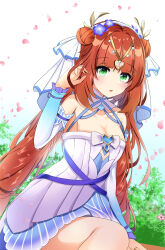 1girl alternate_eye_color bare_shoulders blue_sleeves blush breasts circlet cleavage commentary_request detached_sleeves double_bun dress flower genshin_impact gradient_sleeves green_eyes hair_bun hair_flower hair_ornament hand_up harima_kusunoki highres long_hair looking_at_viewer medium_breasts nilou_(breeze_of_sabaa)_(genshin_impact) nilou_(genshin_impact) official_alternate_costume outdoors parted_lips purple_flower red_hair sleeveless sleeveless_dress solo very_long_hair white_dress white_sleeves
