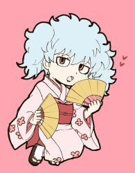 1boy chibi commentary commentary_request floral_print folding_fan full_body gintama grey_hair hand_fan heart holding holding_fan japanese_clothes kimono long_sleeves looking_at_viewer obi official_alternate_costume open_mouth orange_eyes pink_background pink_kimono red_sash sakata_gintoki sandals sash socks solo tabi trap twintails white_socks wide_sleeves yooooosksk zouri