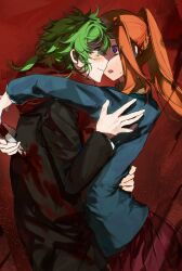1boy 1girl arm_over_shoulder black_jacket blazer blood blood_on_clothes bloody_knife bloody_weapon blue_jacket blush braid bright_pupils brown_shirt chidouin_sara closed_mouth floating_hair forehead-to-forehead green_eyes green_hair hair_between_eyes hair_over_shoulder hand_on_another&#039;s_arm hand_on_another&#039;s_back heads_together highres holding holding_knife hug jacket kimi_ga_shine knife long_hair long_sleeves looking_at_another midori_(kimi_ga_shine) orange_hair pale_skin pleated_skirt ponytail purple_eyes rattail red_background red_scarf red_skirt scarf school_uniform shaded_face shirt single_sidelock skirt smile stab sweatdrop weapon white_pupils white_shirt wide-eyed wing_collar yellowmao0509