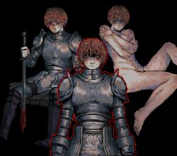 1girl abs armor black_background bleeding blood blood_on_face bloody_weapon blush breastplate commentary covering_breasts covering_privates d&#039;arce_(fear_&amp;_hunger) english_commentary fantasy fear_&amp;_hunger fear_&amp;_hunger_(series) fear_&amp;_hunger_1 highres injury knight multiple_views nude orange_hair outline red_outline short_hair shoulder_armor simple_background sitting sopaipillaa350 sword weapon