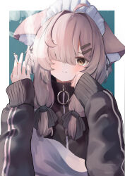 1girl absurdres ahoge animal_ear_fluff animal_ears apron between_fingers black_bow black_jacket black_ribbon blush bow brown_eyes brown_hair cat_ears cat_girl cigarette closed_mouth green_background hair_bow hair_intakes hair_ornament hair_over_one_eye hair_ribbon hairclip hands_up highres holding holding_cigarette jacket kagura_nagi long_hair long_sleeves looking_at_viewer mafuyu_(vrchat) maid maid_headdress pink_hair puffy_long_sleeves puffy_sleeves ribbon sleeves_past_wrists smile smoke smoking solo track_jacket track_suit two-tone_background unconventional_maid upper_body vrchat white_apron