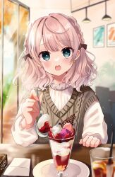 1girl :o blue_eyes blurry blurry_background blush bow braid brown_bow brown_hair chair commentary_request cup depth_of_field drinking_glass drinking_straw earrings feeding flower_earrings food hair_bow highres holding holding_spoon indoors jewelry long_sleeves looking_at_viewer open_mouth original parfait puffy_long_sleeves puffy_sleeves rino_cnc shirt sitting solo spoon sweater_vest table upper_body white_shirt window