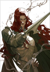 1boy amputee armor elf floating_hair grey_eyes hand_on_own_hip long_hair looking_at_viewer maedhros male_focus nostrils open_mouth parted_bangs pointy_ears prince red_hair shoulder_armor simple_background solo sword the_silmarillion tolkien&#039;s_legendarium viery weapon