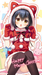 1girl :o alternate_costume ambitious_mission animal_ear_hood animal_ears black_thighhighs blush bow bowtie box breasts brown_eyes capelet cat_ears christmas cleavage colored_eyelashes company_name convenient_leg dress dress_bow earrings fake_animal_ears feet_out_of_frame fur-trimmed_capelet fur-trimmed_dress fur-trimmed_gloves fur-trimmed_hood fur_trim gift gift_box gloves hair_between_eyes hands_up highres hood hood_up ishikawa_yae jewelry knees_together_feet_apart looking_at_viewer merry_christmas official_art official_wallpaper open_mouth outline panties pom_pom_(clothes) red_bow red_capelet red_dress red_gloves santa_costume santa_dress short_dress simple_background sitting solo sparkle star_(symbol) star_earrings striped_bow striped_bowtie striped_clothes stuffed_animal stuffed_rabbit stuffed_toy tareme thighhighs toranosuke underwear white_outline white_panties