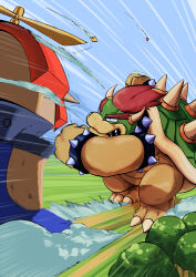 1boy absurdres battle bowser bracelet colored_skin highres horns ibirujo_rinjo jewelry male_focus mario_&amp;_luigi:_bowser&#039;s_inside_story mario_&amp;_luigi_rpg mario_(series) nintendo outdoors punching red_hair spiked_bracelet spikes standing teeth tower_of_yikk veins yellow_skin