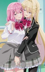 Rule 34 | 2girls, amaori renako, anime screenshot, blonde hair, braid, coat around waist, hair ornament, hand on another&#039;s shoulder, hand on another&#039;s thigh, highres, hug, long hair, multiple girls, ouzuka mai, parody, pink hair, school uniform, short hair, smile, third-party source, watashi ga koibito ni nareru wake naijan murimuri!, wavy mouth, x hair ornament