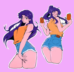 1girl absurdres alcohol beer beer_can blue_shorts can closed_eyes dentedhood drink_can highres katsuragi_misato long_hair neon_genesis_evangelion purple_hair shorts smile