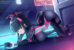 1girl ass black_bodysuit black_hair black_halo blue_archive blunt_bangs bodysuit bound bound_wrists breasts bright_pupils commentary_request fanbox_username from_side hair_ornament halo impossible_bodysuit impossible_clothes joko_jmc large_breasts long_hair looking_at_viewer official_alternate_costume paid_reward_available parted_lips patreon_username ponytail red_eyes restrained ringed_eyes rio_(blue_archive) rio_(bodysuit)_(blue_archive) skin_tight skindentation solo thigh_strap top-down_bottom-up very_long_hair watermark web_address white_pupils
