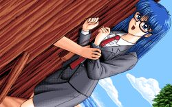 1990s_(style) 1995 blue_eyes blue_hair dutch_angle formal_clothes glasses hoshi_no_suna_monogatari_3 long_hair non-web_source open_mouth pc-98_(style) retro_artstyle shima_(d.o.)
