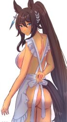 1girl alternate_costume animal_ears apron ass black_hair blue_eyes blush breasts commentary_request cowboy_shot dark-skinned_female dark_skin earrings frilled_apron frills from_behind hair_between_eyes hair_ornament hairclip highres horse_ears horse_girl horse_tail jewelry large_breasts long_hair looking_at_viewer looking_back naked_apron remi-yuka-taimama shoulder_blades sideboob simple_background single_earring solo split_ponytail symboli_kris_s_(umamusume) tail umamusume white_background