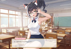 1girl adjusting_eyewear animal_ear_fluff animal_ears black_hair black_skirt bookshelf brooch cat_ears chalkboard classroom day desk fake_screenshot green_eyes hair_up hand_up highres indoors jewelry jin_woo_choi karyl_(princess_connect!) long_hair multicolored_hair pencil_skirt pn_(wnsl216) princess_connect! school_desk shirt skirt sleeveless solo two-tone_hair visual_novel white_hair white_shirt window