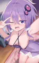 1girl areola_slip armpits blurry blurry_background blush breasts chipa_(arutana) collarbone dress fanged_bangs hair_between_eyes hair_ornament highres indoors leaning_forward looking_at_viewer low_twintails medium_hair nipple_slip nipples one_eye_closed open_mouth purple_dress purple_eyes purple_hair smile solo twintails v v_over_eye voiceroid wooden_floor yuzuki_yukari