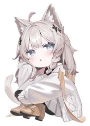 1girl :o ahoge animal_ear_fluff animal_ears black_shirt blush boots braid brown_shoes cat_ears cat_girl cat_tail chibi full_body grey_eyes grey_hair hair_ornament highres jacket knees_up long_hair long_sleeves looking_at_viewer off_shoulder open_clothes open_mouth pantyhose parted_lips ponderogen puffy_long_sleeves puffy_sleeves shinano_(vrchat) shirt shoes side_braid simple_background sitting skirt sleeves_past_wrists solo tail transparent_background vrchat white_background white_jacket x_hair_ornament
