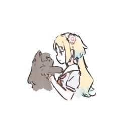 Rule 34 | 1girl, animal, animalization, ao kaeru, blonde hair, blue eyes, blue hair, breast pocket, cat, closed mouth, dress, flower, fujishima megumi, gradient hair, hair flower, hair ornament, hasu no sora school uniform, holding, holding animal, holding cat, link! like! love live!, love live!, mira-cra park!, multicolored hair, neckerchief, osawa rurino, pink flower, pocket, purple eyes, red neckerchief, sailor collar, sailor dress, school uniform, short sleeves, simple background, summer uniform, twintails, virtual youtuber, white background, white sailor collar