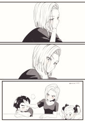 Rule 34 | 1boy, 2girls, android 18, black eyes, black hair, blush, couple, cup, dragon ball, drinking, embarrassed, family, father and daughter, happy, husband and wife, kuririn, looking at viewer, marron (dragon ball), mother and daughter, mug, multiple girls, serious, smile, surprised