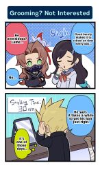 1boy 2girls adjusting_hair aerith_gainsborough aerith_gainsborough_(midgard_seventh_high_school) baseball_bat black_hair black_jacket black_sailor_collar black_serafuku blonde_hair blue_sailor_collar blue_scrunchie bracelet closed_eyes cloud_strife cloud_strife_(midgard_seventh_high_school) commentary crossed_arms delinquent earrings english_commentary english_text final_fantasy final_fantasy_vii final_fantasy_vii_ever_crisis flower from_behind gakuran green_eyes hair_flower hair_ornament hair_ribbon hair_scrunchie hairclip highres jacket jewelry long_hair long_sleeves looking_at_another looking_at_mirror mask mirror mouth_mask multiple_girls neckerchief official_alternate_costume official_art open_mouth parted_bangs red_neckerchief ribbon sailor_collar school_uniform scrunchie serafuku speech_bubble spiked_hair sukeban thought_bubble tifa_lockhart tifa_lockhart_(midgard_seventh_high_school) upper_body white_serafuku