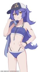 1girl bandaid bandaid_on_arm bare_arms bare_shoulders baseball_cap bikini bismuth_(paravene) black_bikini breasts brown_eyes clothes_over_shoulder clothes_writing grey_shirt hair_between_eyes hand_on_own_hip hand_up hat highres holding holding_shirt holding_unworn_clothes layered_bikini long_hair navel original ponytail purple_bikini purple_hair shirt simple_background small_breasts solo swimsuit thick_eyebrows unworn_shirt v-shaped_eyebrows very_long_hair white_background white_hat