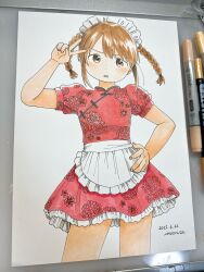 1girl absurdres annoyed apron art_tools_in_frame artist_name blush braid brown_eyes brown_hair china_dress chinese_clothes contrapposto cowboy_shot dated dot_nose drawing_(object) dress floral_print hand_on_own_hip highres maid maid_apron maid_headdress nagomurasan open_mouth original photo_(medium) puffy_short_sleeves puffy_sleeves red_dress shanghai_neckline short_hair short_sleeves sidelocks signature simple_background swept_bangs twin_braids v white_apron white_background white_headdress