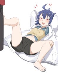 1boy 1girl absurdres aged_down ahoge bad_source bandaid bandaid_on_knee bandaid_on_leg barefoot black_shorts blue_hair clothes_lift collared_shirt commander_(girls&#039;_frontline) daebom girls&#039;_frontline hair_ornament hairclip highres k11_(girls&#039;_frontline) k11_(lil&#039;_scientist)_(girls&#039;_frontline) lab_coat long_sleeves lying navel official_alternate_costume on_back open_mouth out_of_frame red_eyes shirt shirt_lift short_shorts shorts simple_background white_background