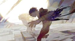 1boy 1girl bandaged_hand bandaged_head bandaged_neck bandages bare_shoulders barefoot black_hair black_jacket blonde_hair blue_wings building closed_eyes day dress feathered_wings floating_hair flying from_side highres hood hooded_jacket huahua_zhu isaac_foster jacket jumping long_hair looking_down open_mouth outstretched_arm pants profile rachel_gardner red_pants rocket rooftop running satsuriku_no_tenshi shirt shoes short_hair sleeveless sleeveless_dress smile smoke sundress trail white_dress winged_arms wings yellow_eyes