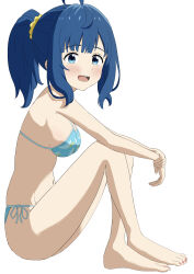1girl absurdres alternate_hairstyle barefoot bikini blue_bikini blue_eyes blue_hair breasts feet from_side highres large_breasts looking_at_viewer make_heroine_ga_oo_sugiru! medium_hair navel open_mouth ponytail side-tie_bikini_bottom sideboob smile solo swimsuit teeth tongue yanami_anna