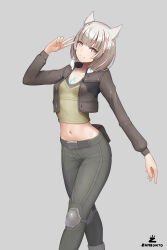 1girl absurdres alternate_costume animal_ears artist_name bob_cut breasts brown_eyes brown_jacket brown_shirt closed_mouth collarbone commentary crop_top english_commentary feet_out_of_frame fur-trimmed_jacket fur_trim grey_background grey_hair grey_pants head_tilt highres jacket knee_pads looking_at_viewer midriff mio_(xenoblade) navel open_clothes open_jacket pants shirt short_hair simple_background small_breasts smile solo stomach v xenoblade_chronicles_(series) xenoblade_chronicles_3 zambonito