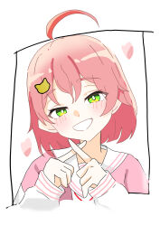 Rule 34 | 1girl, absurdres, ahoge, black border, blush, border, cat hair ornament, crossed fingers, green eyes, hair ornament, hairclip, heart, highres, hololive, jacket, looking at viewer, official alternate costume, open mouth, pink hair, pink jacket, portrait, sailor collar, sakura miko, sakura miko (school uniform), school uniform, shirt, short hair, solo, user xcjn5843, virtual youtuber, white background, white sailor collar