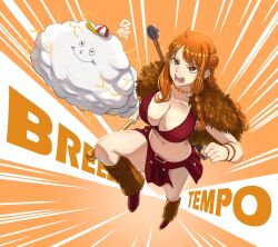 Rule 34 | 1girl, absurdres, braid, braided sidelock, breasts, brown footwear, capelet, cleavage, clima-tact, collarbone, commentary, crop top, dated, electricity, emphasis lines, english commentary, full body, fur-trimmed capelet, fur-trimmed legwear, fur trim, hat, highres, holding, holding staff, jewelry, large breasts, leg warmers, long hair, midriff, mini hat, nami (one piece), nami (one piece) (elbaf), navel, necklace, one piece, open mouth, orange eyes, orange hair, red skirt, running, signature, skirt, staff, sword, sword on back, wavy hair, weapon, weapon on back, wide hips, zeinzai91, zeus (one piece)