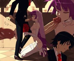 Rule 34 | 1boy, 1girl, araragi koyomi, aseiusx, bakemonogatari, black hair, bouquet, bra, breasts, bridal lingerie, bridal veil, commentary, cupless bra, earrings, elbow gloves, english commentary, fellatio, flower, frilled thigh strap, gloves, hetero, high heels, holding, holding bouquet, jewelry, kissing penis, kneeling, large penis, lingerie, long hair, monogatari (series), multiple views, necklace, oral, pearl necklace, penis, purple hair, senjougahara hitagi, shoes, short hair, small breasts, stiletto heels, thigh strap, thighhighs, uncensored, underwear, veil, white gloves, white shoes, white thighhighs