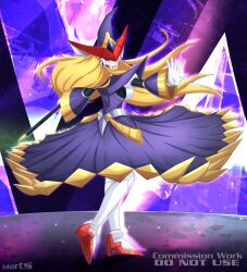 Rule 34 | absurdres, android, armor, armored boots, arms up, axasempai, belt, berkana (mega man), black bodysuit, blonde hair, blue background, blue eyes, bodysuit, boots, breastplate, breasts, capcom, chest jewel, crystal, dancing, dress, floating hair, from behind, gloves, hair over shoulder, happy, hat, headphones, helmet, high heels, highres, holding, holding staff, jeweled hat, joints, knee pads, large breasts, leg armor, light blush, long dress, long hair, mega man (series), mega man x (series), mega man x dive, mega man xtreme 2, multicolored shoes, plate armor, purple background, purple dress, purple eyes, red shoes, robot, robot girl, robot joints, shoes, shoulder armor, shoulder spikes, sidelocks, smile, sparkle, spikes, spinning, staff, turtleneck, two-tone shoes, white gloves, white shoes, wide sleeves, witch, witch hat