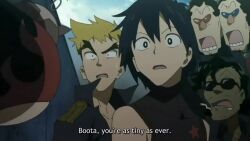1girl 5boys animated anime_screenshot balinbow_bakusa bikini black_bikini black_hair blonde_hair blue_hair boota_(ttgl) bouncing_breasts breasts cleavage flame_print glasses jorgun_bakusa kittan_bachika large_breasts looking_at_breasts multiple_boys open_mouth red_bikini simon_(ttgl) sound swimsuit tagme tengen_toppa_gurren_lagann video yoko_littner
