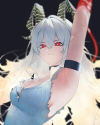 1girl arm_strap arm_up armpits black_choker black_horns blonde_hair breasts bright_pupils choker cleavage closed_mouth commentary curled_horns denare_(ysry2252) hair_between_eyes hair_spread_out highres horns long_hair looking_at_viewer mole mole_on_breast necktie necktie_around_wrists red_eyes red_necktie shirt solo torn_clothes torn_shirt upper_body very_long_hair white_pupils white_shirt wuthering_waves zani_(wuthering_waves)
