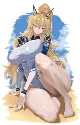 1girl abs absurdres barghest_(fate) barghest_(over_the_same_sky)_(fate) blonde_hair blue_wetsuit blush breasts dog fate/grand_order fate_(series) green_eyes highres horns large_breasts long_hair long_sleeves looking_at_viewer multicolored_wetsuit muscular muscular_female ponytail smile vanko_(vank0a) white_wetsuit