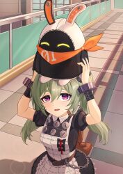 1girl absurdres apron bandana bangboo_(zenless_zone_zero) black_dress breasts corin_wickes dress eous_(zenless_zone_zero) highres holding long_hair maid maid_apron mi&#039;s_(diprebaxgnkz7qr) orange_bandana outdoors puffy_short_sleeves puffy_sleeves purple_eyes screw_hair_ornament short_sleeves small_breasts smile white_apron zenless_zone_zero