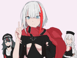 3girls admiral_graf_spee_(azur_lane) azur_lane black_hair black_hat blue_eyes breasts cleavage closed_mouth crossed_bangs deutschland_(azur_lane) gloves goggles goggles_on_headwear graf_zeppelin_(azur_lane) grin hat light_blush looking_at_viewer ma3fal medium_breasts multicolored_hair multiple_girls open_mouth peaked_cap pink_background red_gloves red_hair red_scarf scarf simple_background sketch smile streaked_hair underboob v white_hair