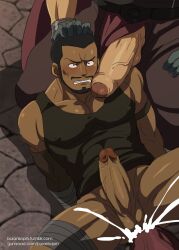Rule 34 | 3boys, anal, bara, beard, black hair, blush, burankoprn, buzz cut, commentary, covered erect nipples, cum, cum in ass, cum overflow, dark-skinned male, dark skin, english commentary, erection, facial hair, foreskin, gumroad username, hand on another&#039;s head, highres, huge penis, kuroinu ~kedakaki seijo wa hakudaku ni somaru~, male focus, male penetrated, multiple boys, mustache, pectoral cleavage, pectorals, penis, penis on shoulder, short hair, solo focus, tank top, testicles, tumblr username, variant set, very short hair, volt (kuroinu), yaoi
