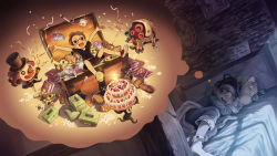 1boy :d ball bandaid bandaid_on_knee bandaid_on_leg black_hair black_shirt black_shorts book bottle brown_hair cake calendar_(object) child commentary_request creature dreaming drooling dutch_angle food glasses hastur_(identity_v) highres identity_v joker_(identity_v) lucky_guy male_focus mouth_drool night noeyebrow_(mauve) on_bed open_mouth pajamas perfume_bottle pillow red_footwear rugby_ball shirt shoes short_sleeves shorts sleep_mask sleeping smile sneakers socks speech_bubble streamers thought_bubble treasure_chest unworn_eyewear window_shadow